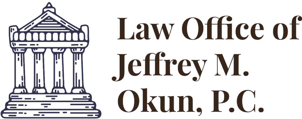 A green banner with the words law of jeffrey okun.